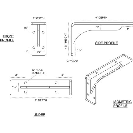 Ekena Millwork Embrey Steel Bracket, Unfinished 2"W x 8"D x 4 1/4"H BKTM02X08X04EBCRS